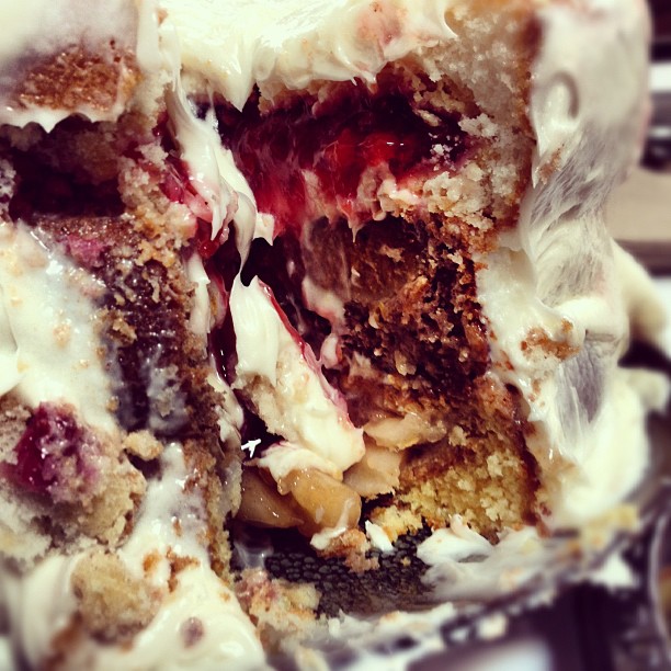 Cherpumple is 3 pies baked into 3 cakes coated in frosting